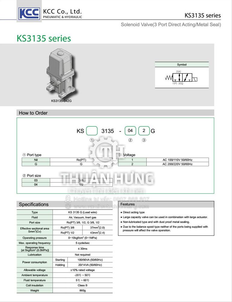 Thông số kĩ thuật và ký hiệu van khí nén KCC KS3135-042G