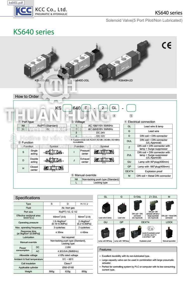 Thông số kĩ thuật của van điện từ khí nén KCC KS640D ren 21 van 5/2 DC 12V 24V AC 110V 220v