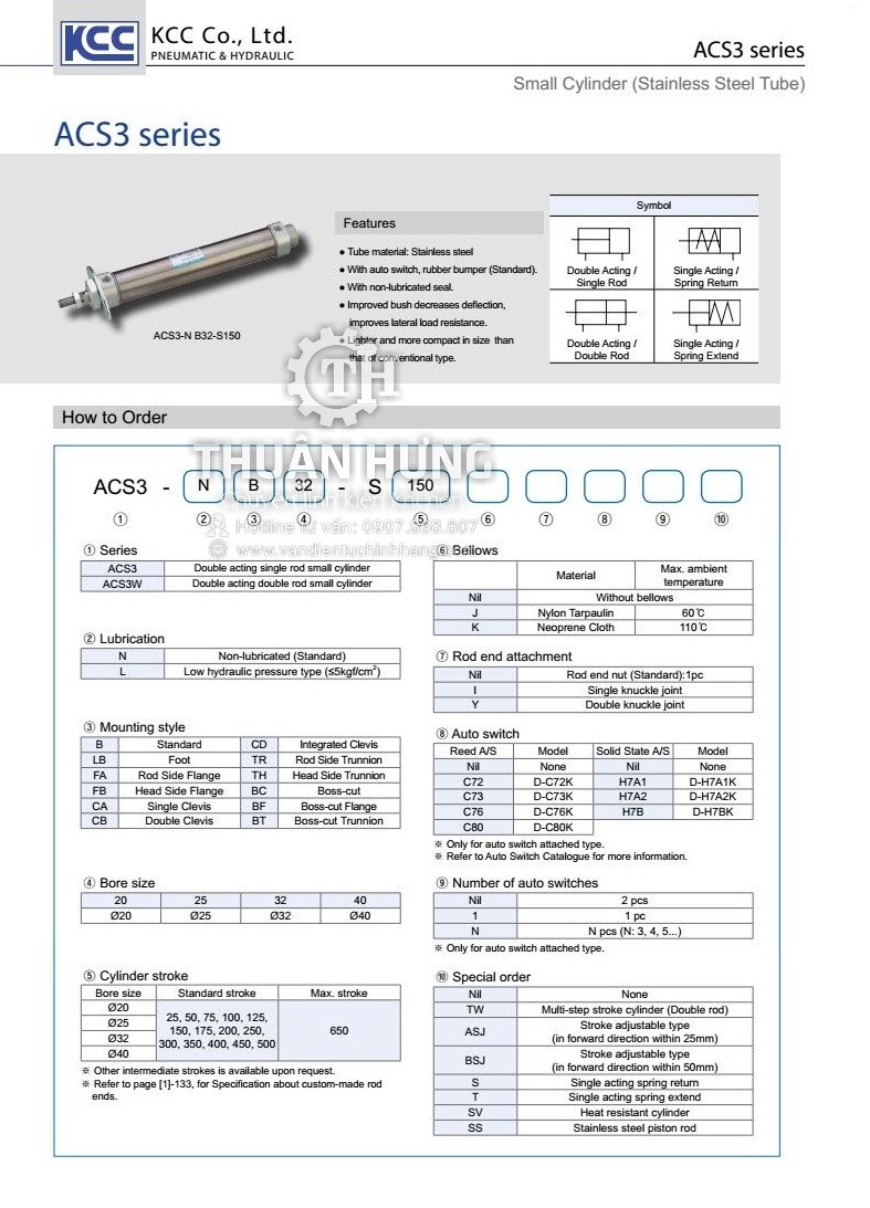 Các thông số kĩ thuật của xi lanh khí nén KCC ACS3-NCD32-S400