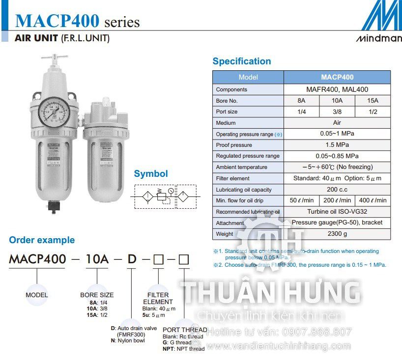 Thông số kĩ thuật của bộ lọc khí nén MINDMAN MACP400-15A ren 21