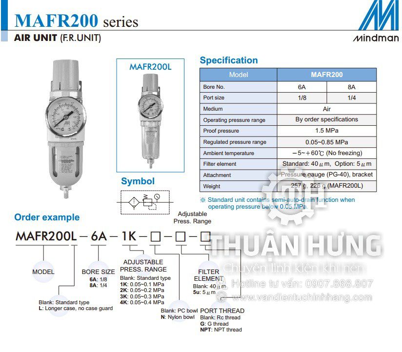 Thông số kĩ thuật của bộ lọc khí nén MINDMAN MAFR200-8A ren 13
