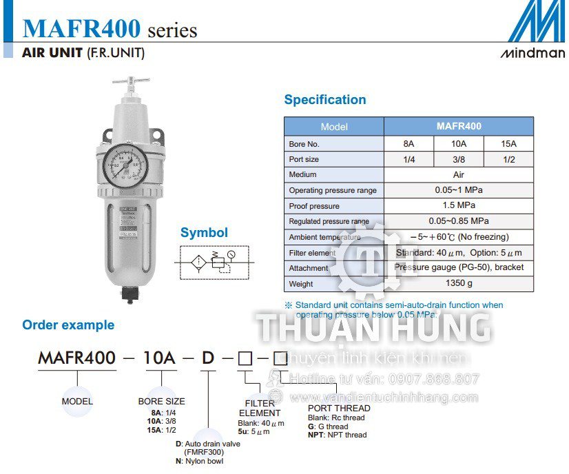 Thông số kĩ thuật của bộ lọc khí nén MINDMAN MAFR400-15A ren 21