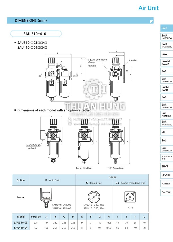 Thông số kĩ thuật và kích cỡ của bộ lọc khí nén SKP SAU3010-03