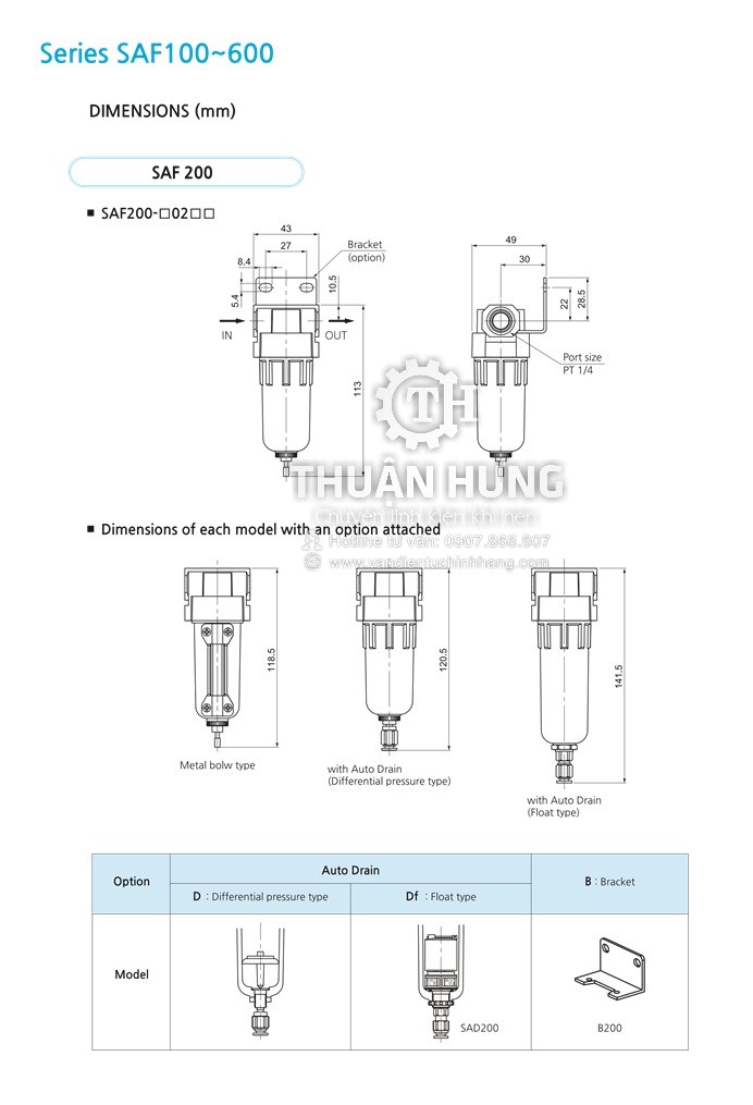 Thông số kĩ thuật và kích cỡ của bộ lọc khí nén SKP SAF2000-02