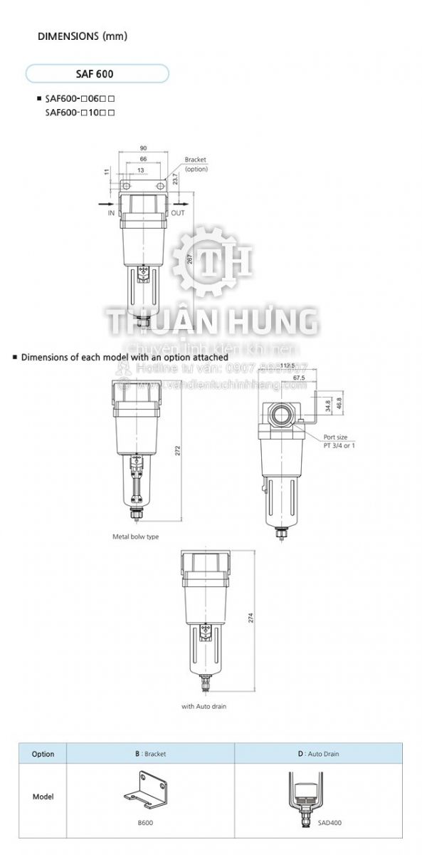 Thông số kĩ thuật và kích cỡ của bộ lọc khí nén SKP SAF6000-06