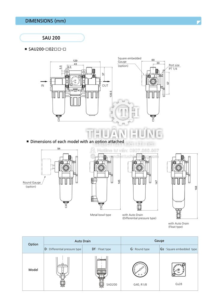 Thông số kĩ thuật và kích cỡ của  bộ lọc khí nén SAU2000-02
