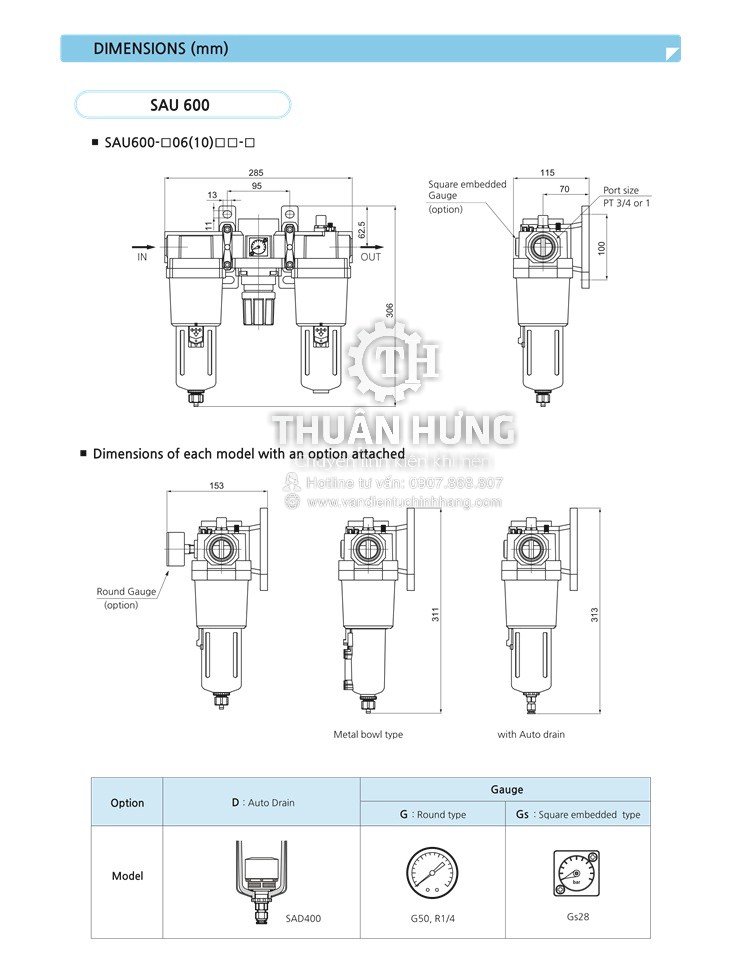 Thông số kĩ thuật và kích cỡ của bộ lọc khí nén SAU6000-10 là lọc tách nước máy nén khí