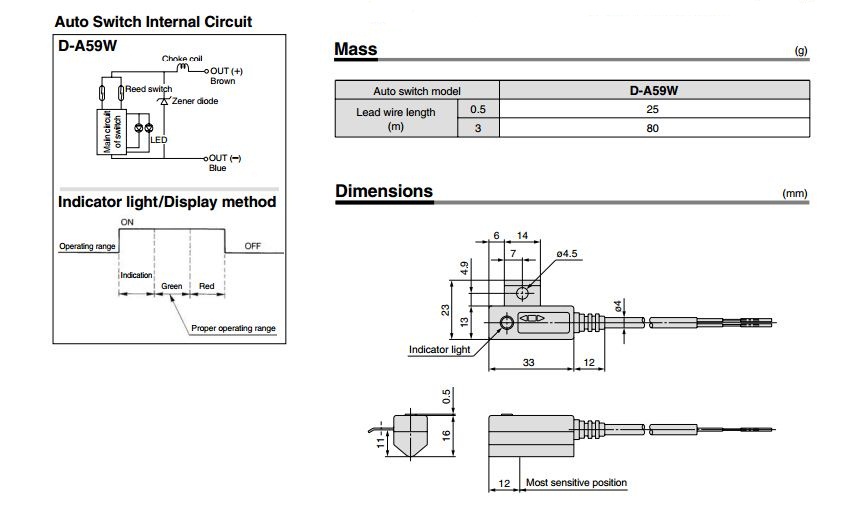 Thông số kĨ thuật kích cỡ của cảm biến từ sensor SMC D-A59W