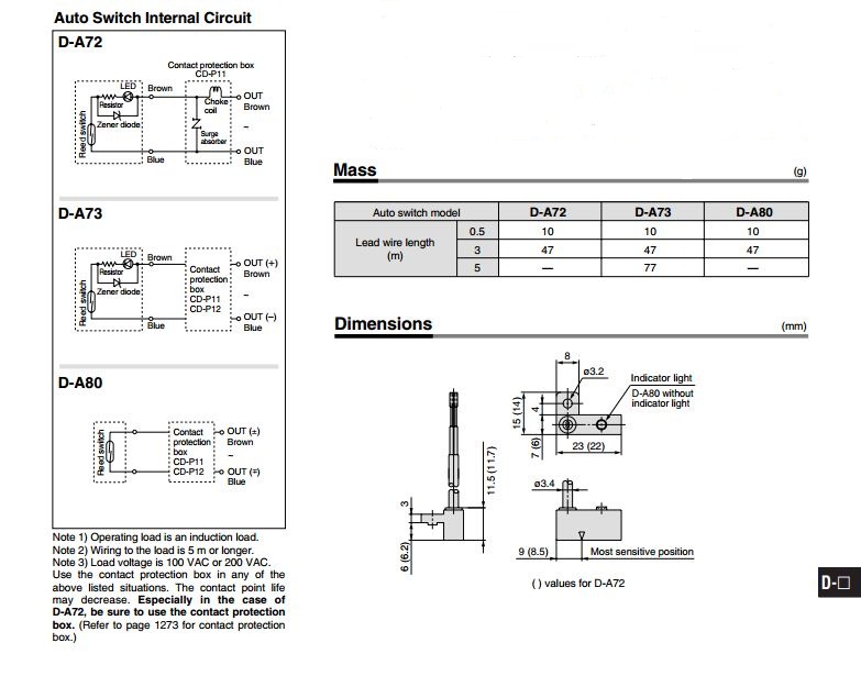 Thông số kĩ thuật và kích cỡ của cảm biến từ sensor SMC D-C73