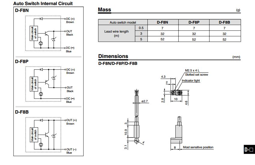 Thông số kĩ thuật và kích cỡ của cảm biến từ sensor SMC D-F9B