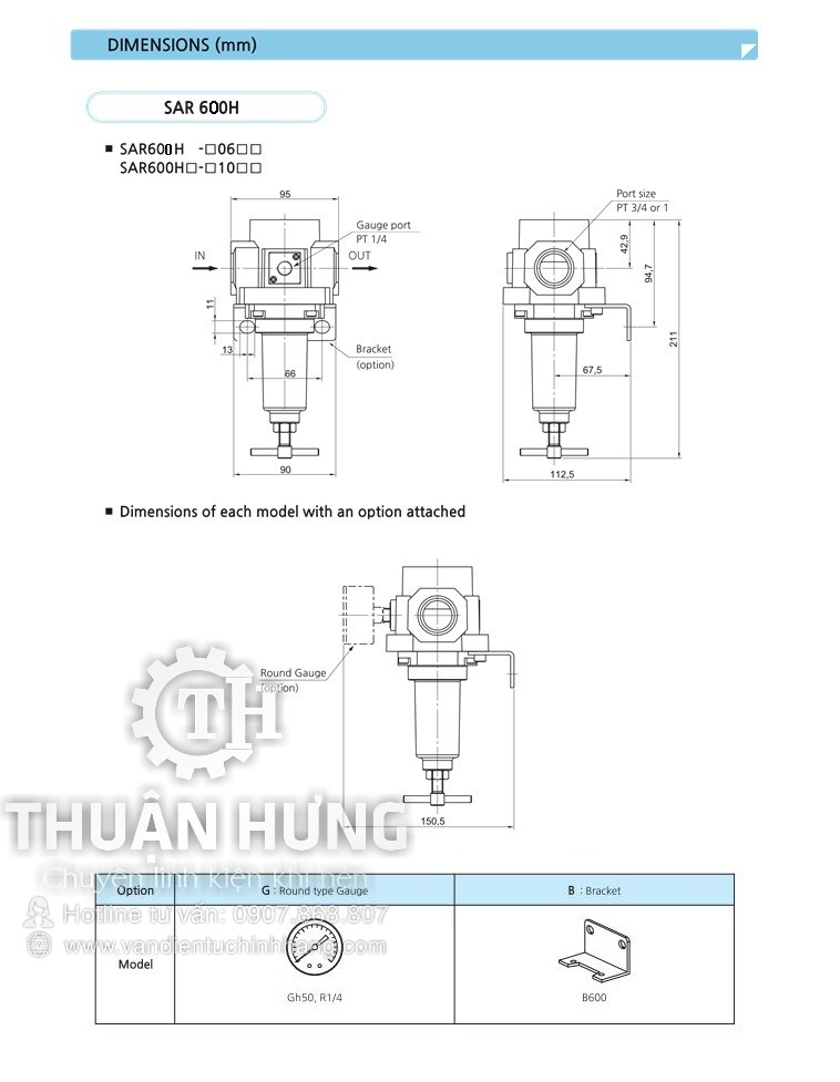 Các thông số kĩ thuật và kích thước của van điều áp khí nén cao áp SAR600H-06BG ren 27