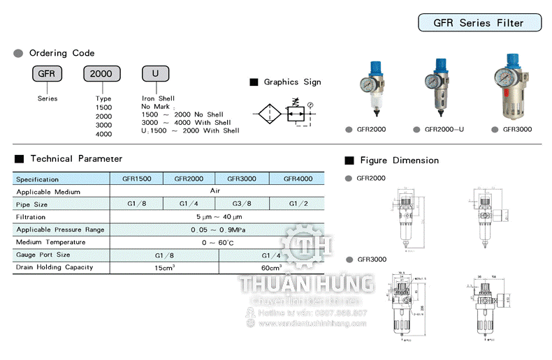 Thông số kĩ thuật và kích thước của bộ lọc khí nén STNC GFR3000 ren 13, 17 G1/4, G3/8