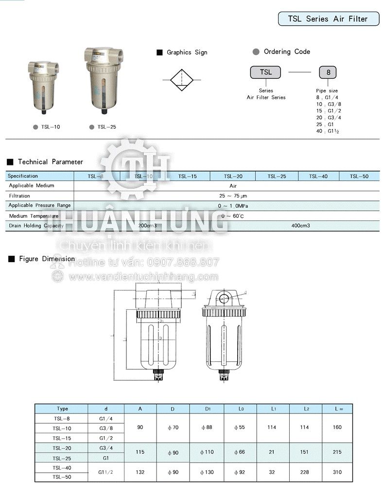 Thông số kĩ thuật và kích thước của bộ lọc khí STNC TSL-40 ren 49 G1 1/2 áp suất 10Kg