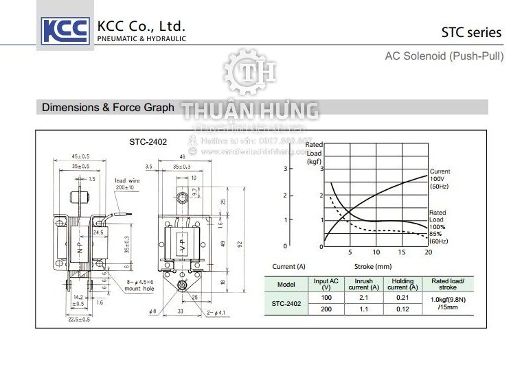 Thông số kĩ thuật và kích thước của cuộn hút điện từ KCC STC2402 AC220V 1KG