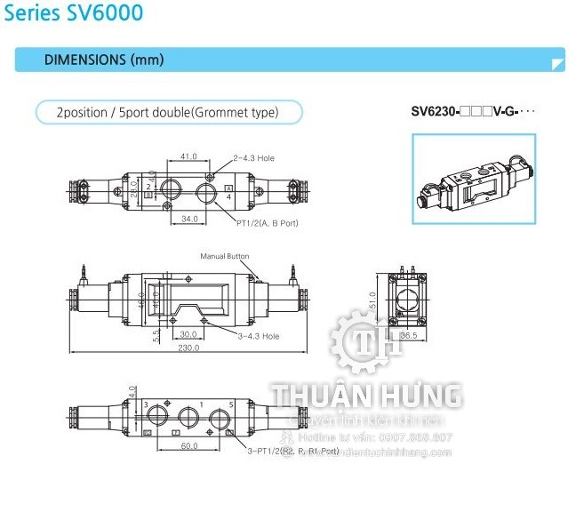 Thông số kích thước và cấu tạo van điện từ khí nén SKP SV6230