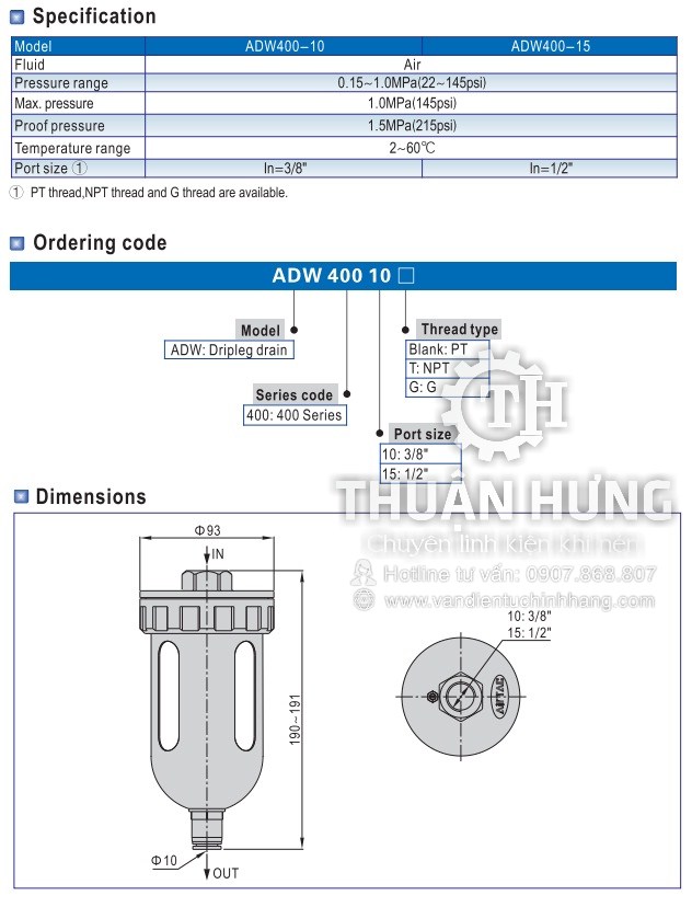 Thông số kĩ thuật và tính năng của van xả nước tự động AIRTAC ADW400-04 Ren 21