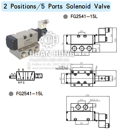 Thông số kĩ thuật và kích thước của van điện từ khí nén STNC FG2541-15L ren 21 van 5/2