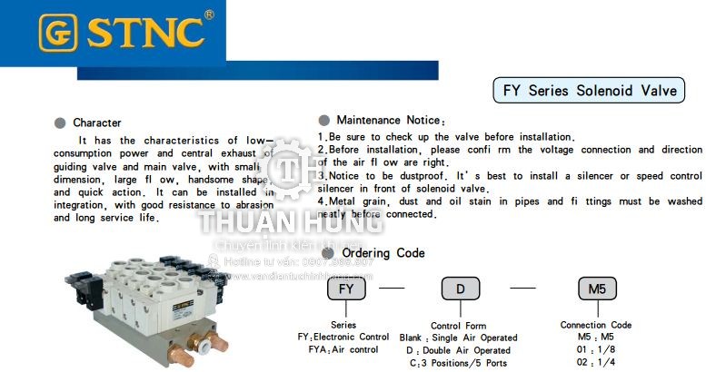 Thông số kĩ thuật và tính năng của van điện từ khí nén STNC FY-01 Ren 9,6mm van 5/2