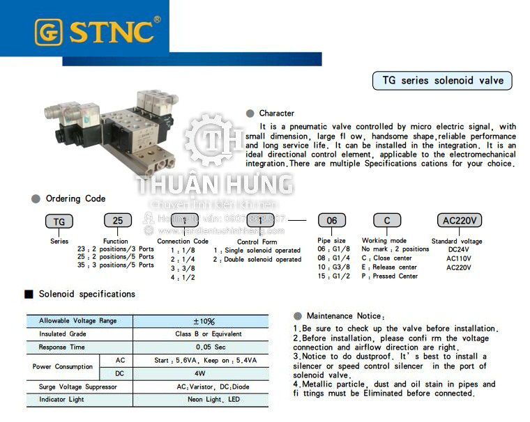 Thông số kĩ thuật và tính năng của van điện từ khí nén STNC TG3542-15C ren 21mm van 5/3