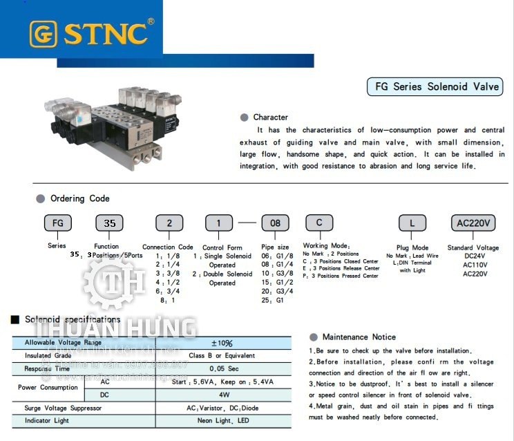 Các thông số kĩ thuật và tính năng của van điện từ khí nén STNC FG3522-08C-E-P-L van 5/2 ren 13