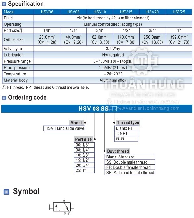 Thông số kỹ thuật của van khóa khí nén AIRTAC HSV06 HSV08 HSV10 HSV15 HSV20 HSV25